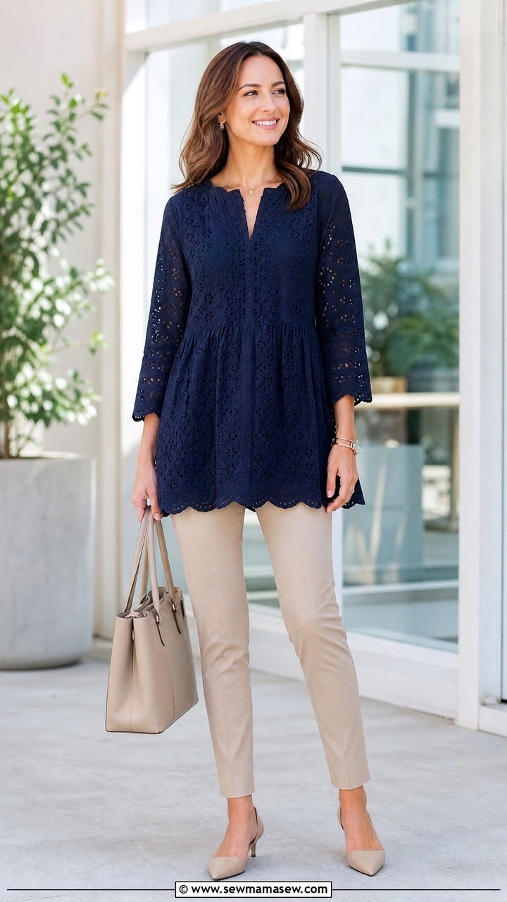 Eyelet Tunic Top With Slim Pants - 20 eyelet top outfit ideas