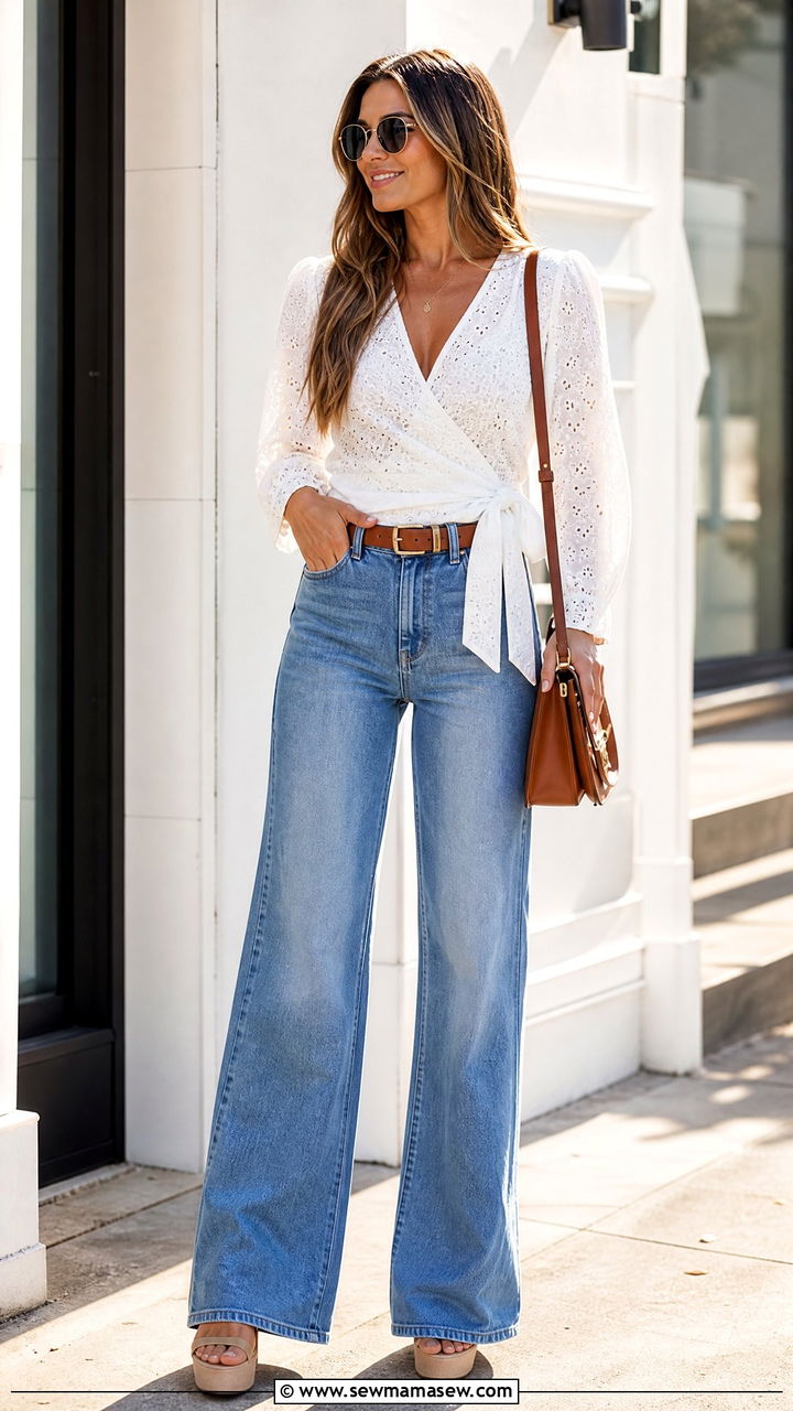 Eyelet Wrap Top With Wide Leg Jeans - 20 eyelet top outfit ideas