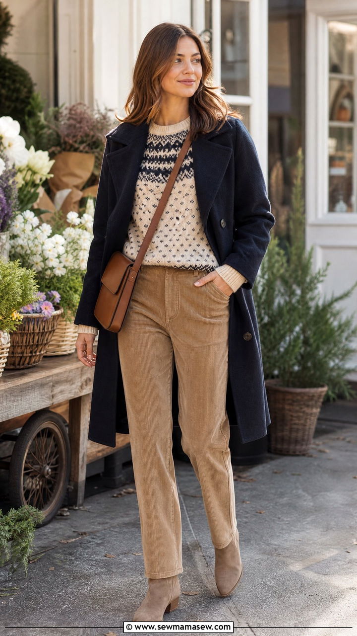 Fair Isle Sweater With Corduroy Pants - 20 cozy sweater outfit ideas
