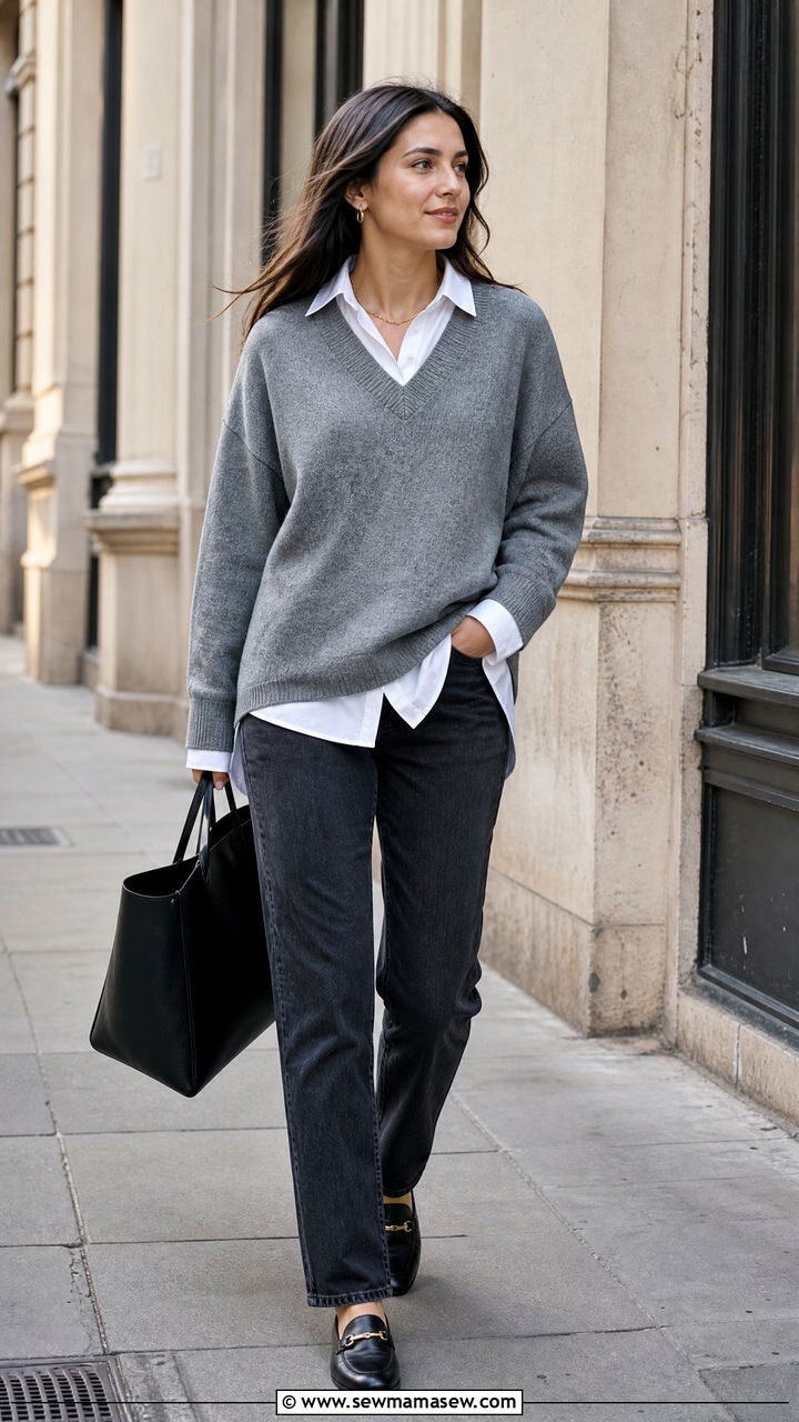 Fall V Neck Sweater With White Shirt - 20 fall sweater outfit ideas