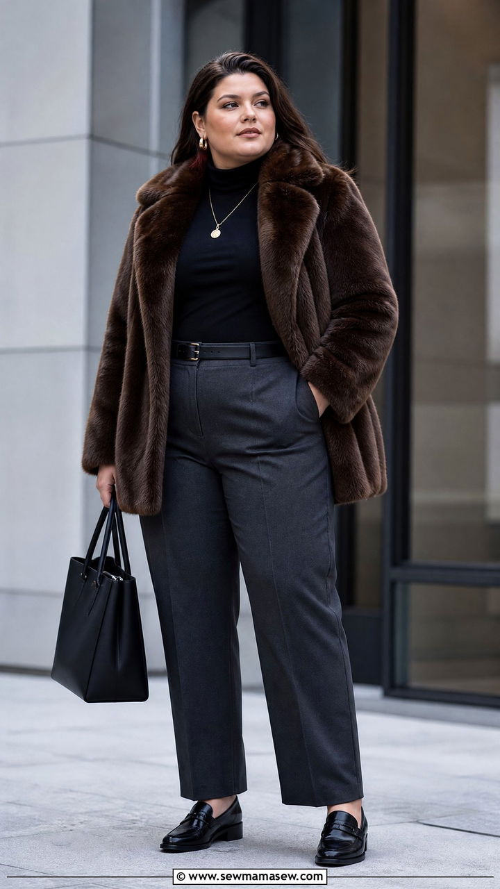 Faux Fur Coat With Black Turtleneck And Trousers - 20 plus size faux fur coat outfit ideas