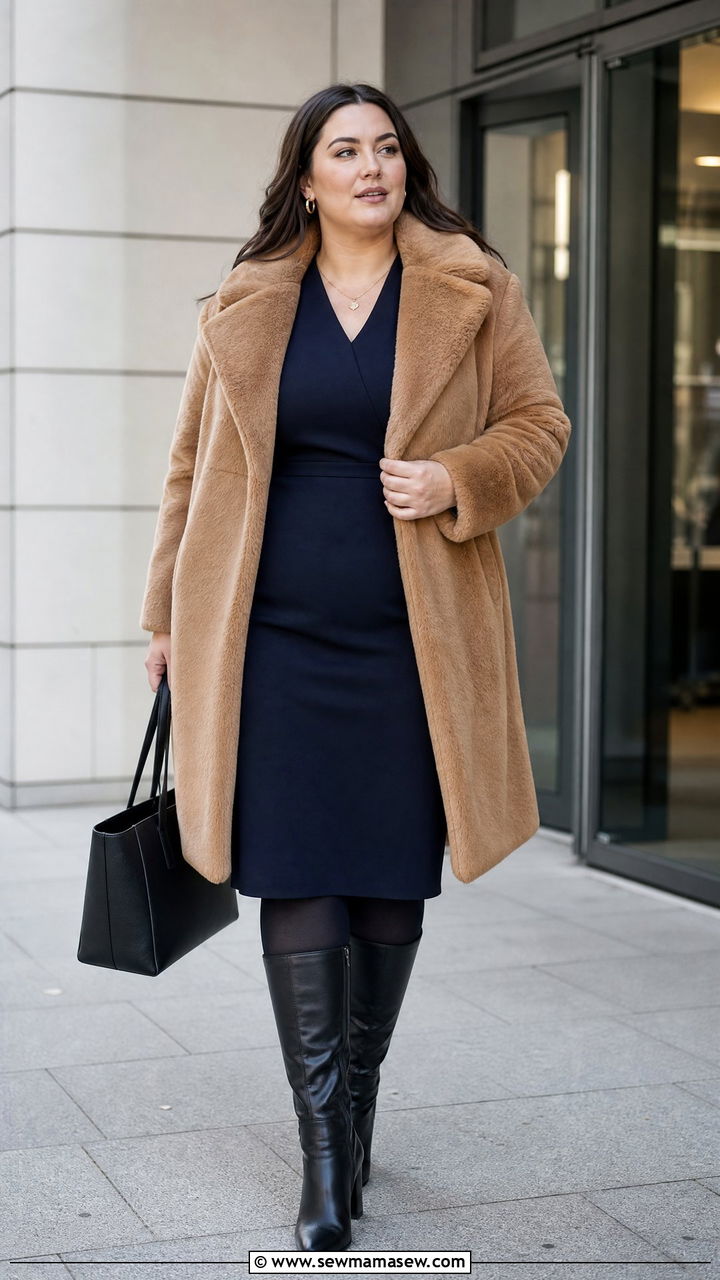 Faux Fur Coat With Office Dress - 20 plus size faux fur coat outfit ideas