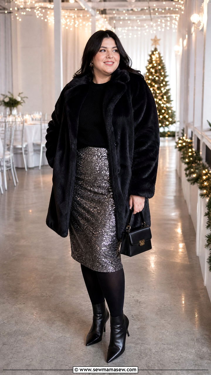 Faux Fur Coat With Sequin Skirt - 20 plus size faux fur coat outfit ideas