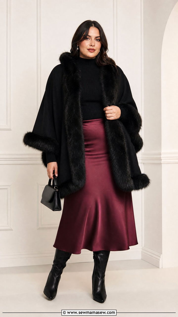 Faux Fur Trim Cape Coat With Midi Skirt - 20 plus size cape coat outfit ideas