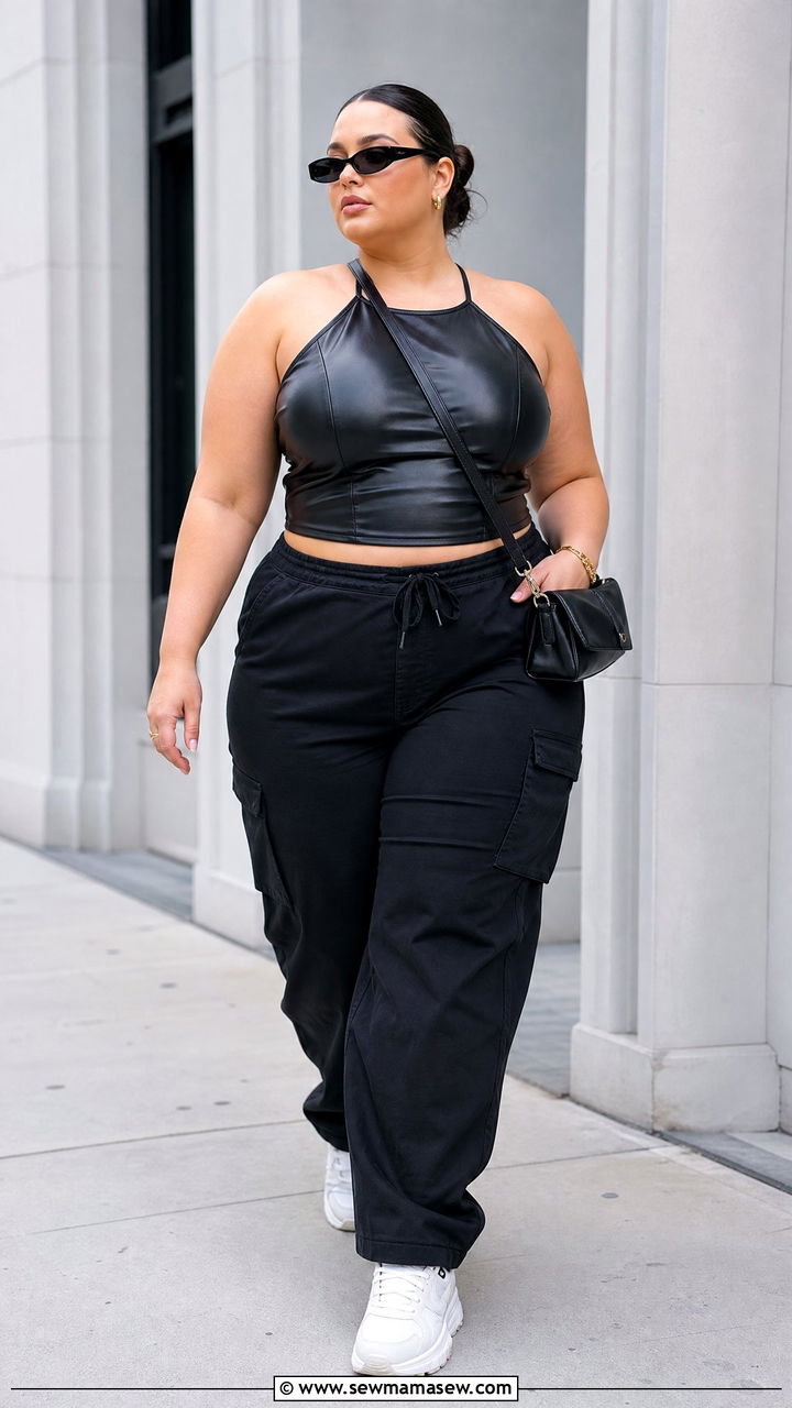 Faux Leather Corset Top With Black Cargo Pants - 20 plus size faux leather corset top outfit ideas