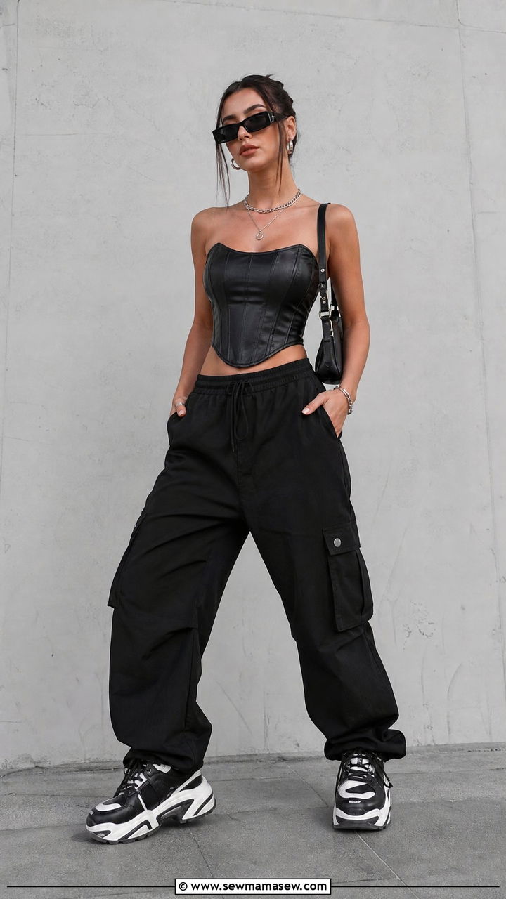 Faux Leather Corset Top With Black Cargo Pants - 20 faux leather corset top outfit ideas