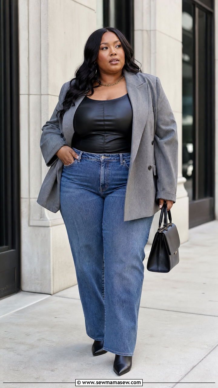 Faux Leather Corset Top With Blazer And Jeans - 20 plus size faux leather corset top outfit ideas