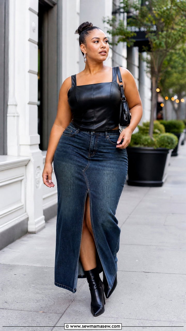 Faux Leather Corset Top With Denim Maxi Skirt - 20 plus size faux leather corset top outfit ideas