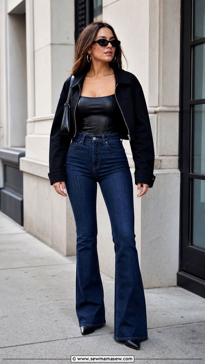 Faux Leather Corset Top With Flared Jeans - 20 plus size faux leather corset top outfit ideas