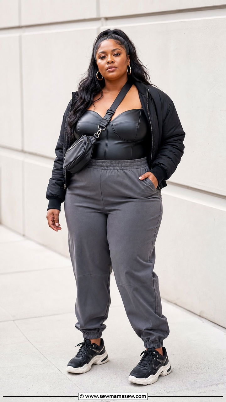 Faux Leather Corset Top With Joggers - 20 plus size faux leather corset top outfit ideas