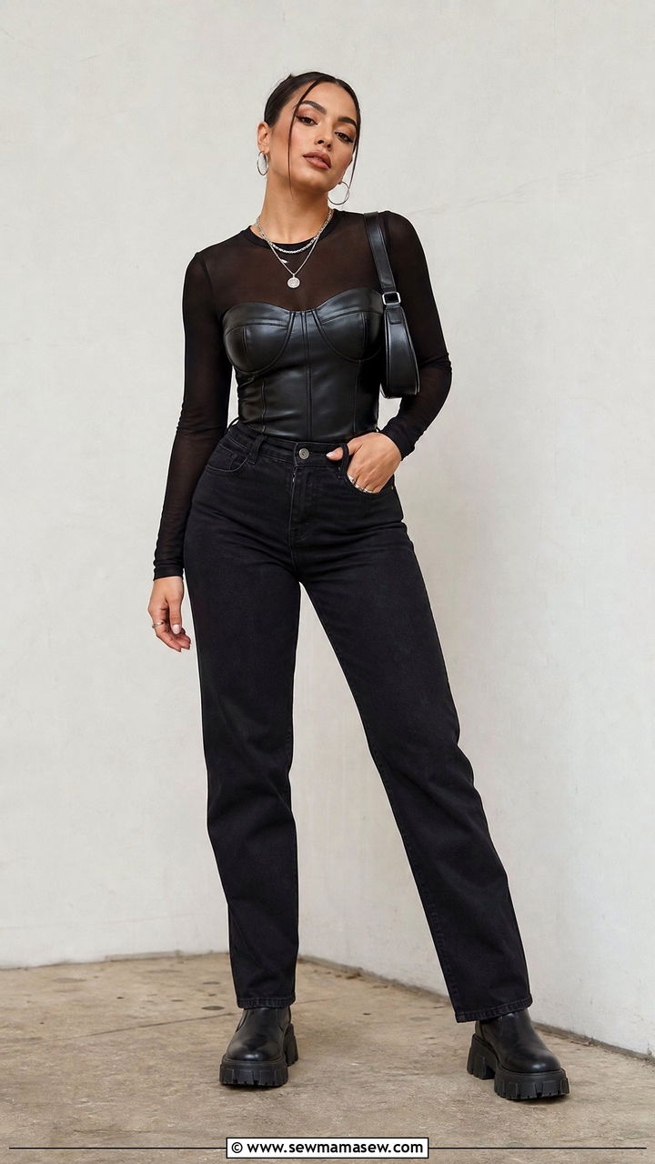 Faux Leather Corset Top With Mesh Long Sleeve Top - 20 plus size faux leather corset top outfit ideas