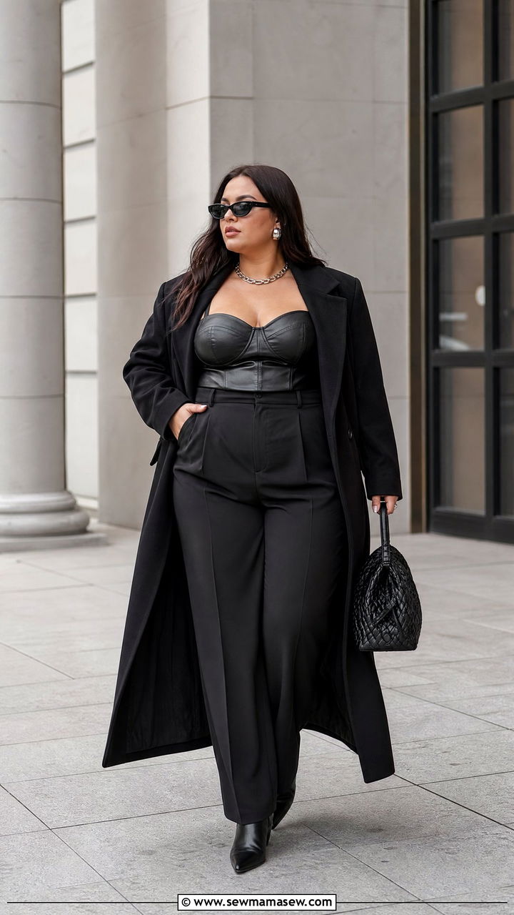 Faux Leather Corset Top With Monochrome Black Outfit - 20 plus size faux leather corset top outfit ideas