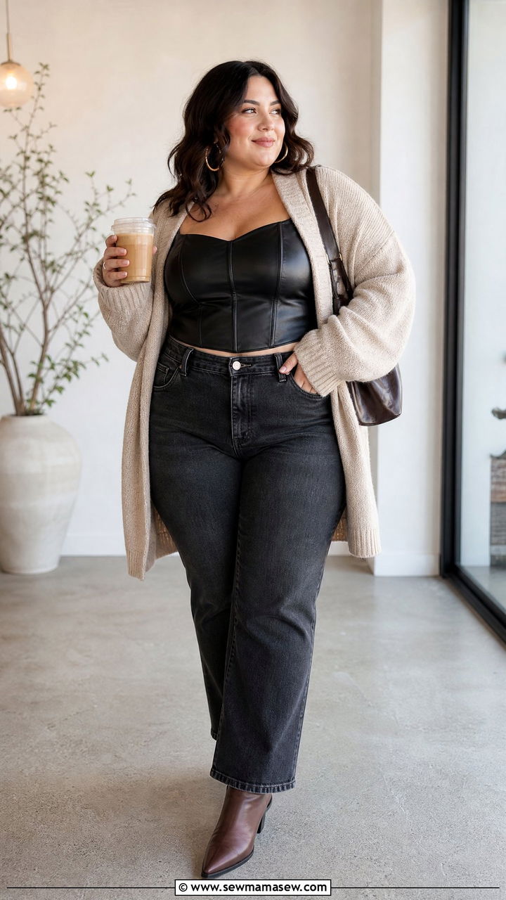 Faux Leather Corset Top With Oversized Cardigan - 20 plus size faux leather corset top outfit ideas