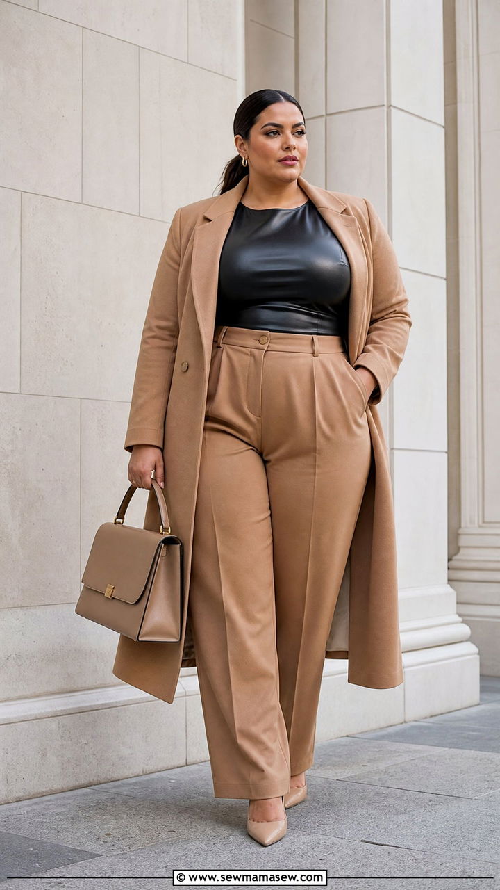 Faux Leather Corset Top With Pleated Trousers - 20 plus size faux leather corset top outfit ideas