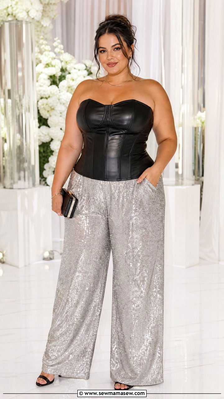 Faux Leather Corset Top With Sequin Pants - 20 plus size faux leather corset top outfit ideas