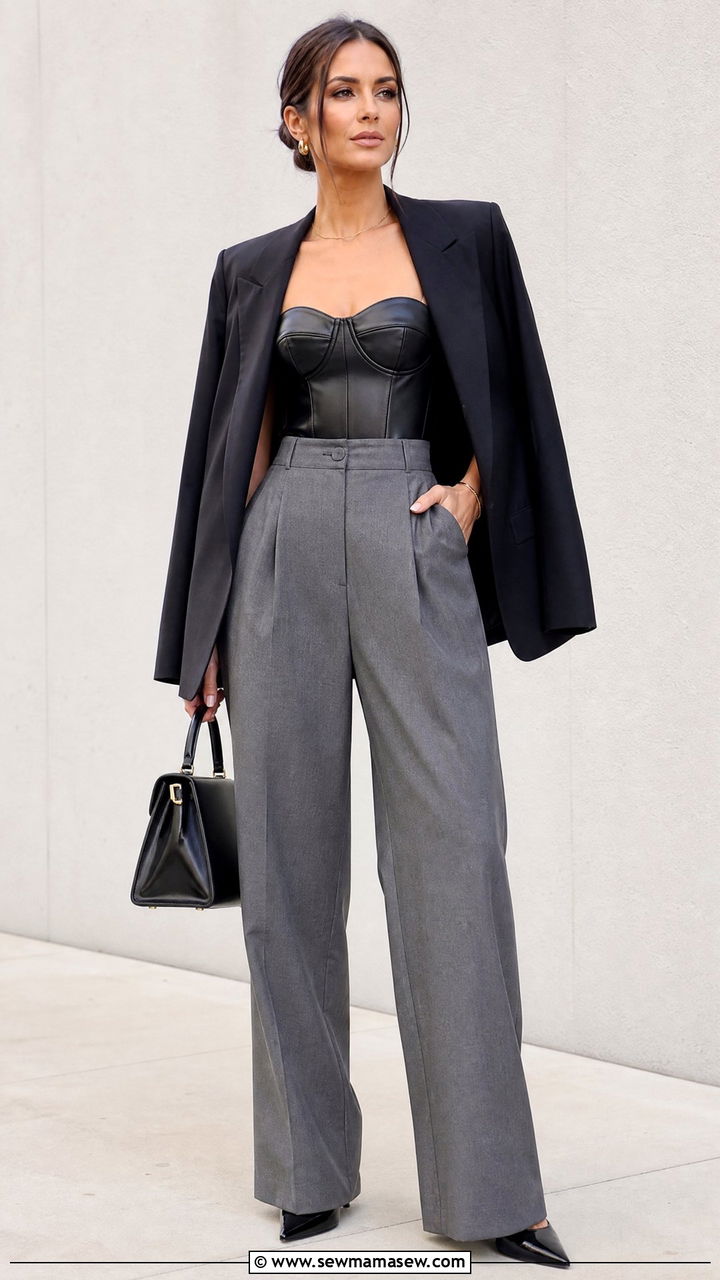 Faux Leather Corset Top With Tailored Trousers - 20 faux leather corset top outfit ideas