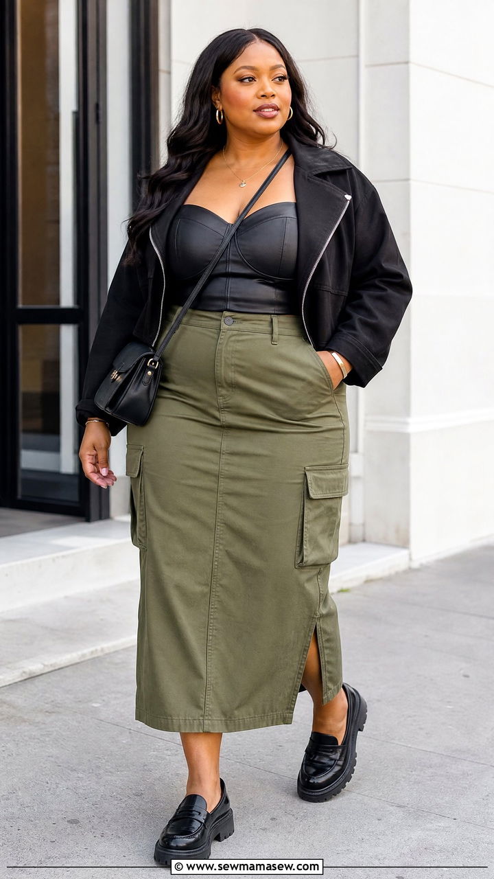 Faux Leather Corset Top With Utility Skirt - 20 plus size faux leather corset top outfit ideas