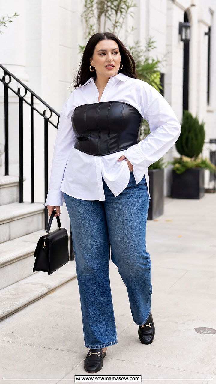 Faux Leather Corset Top With White Button Down Shirt - 20 plus size faux leather corset top outfit ideas