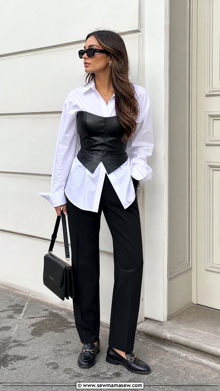 Faux Leather Corset Top With White Button Down Shirt - 20 faux leather corset top outfit ideas