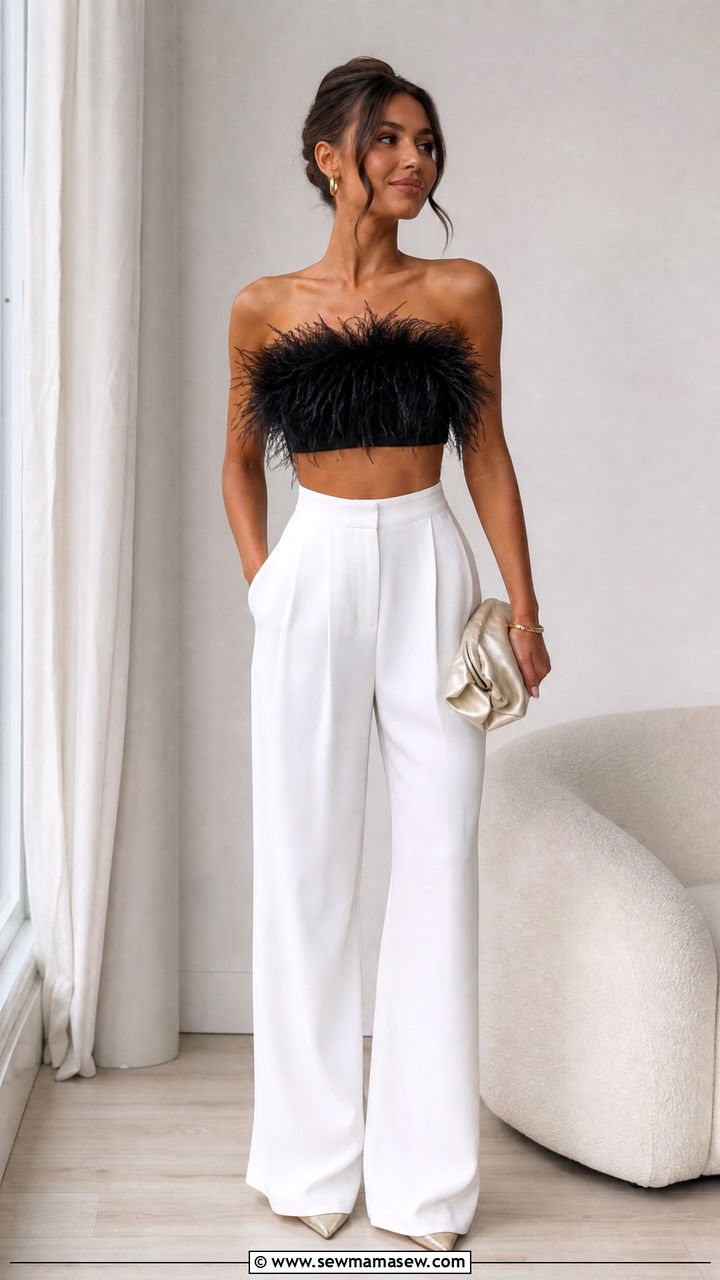 Feather Trim Crop Top And Trousers Outfit - 20 crop top outfits for party