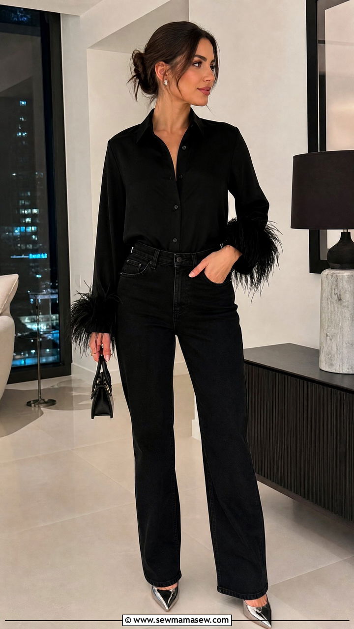 Feather Trim Statement Top With Black Jeans Outfit - 20 statement top outfit ideas
