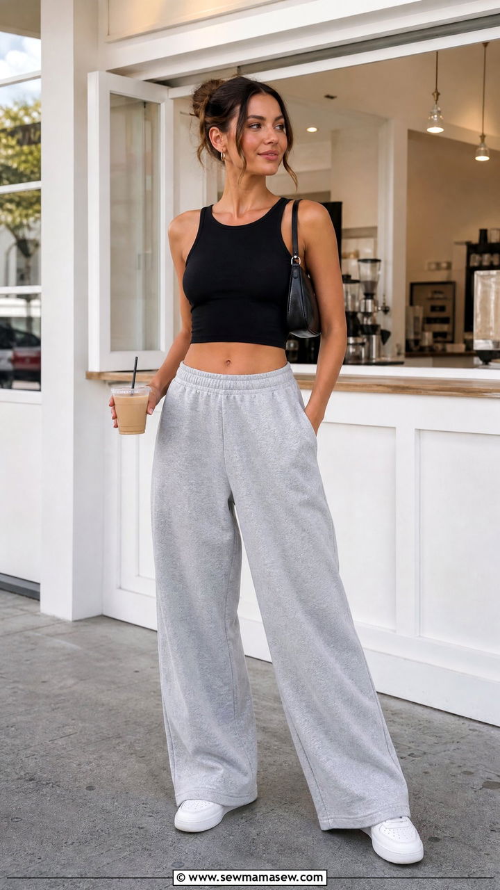 Fitted Crop Tank And Wide Leg Sweatpants Outfit - 20 crop top and sweatpants outfit ideas