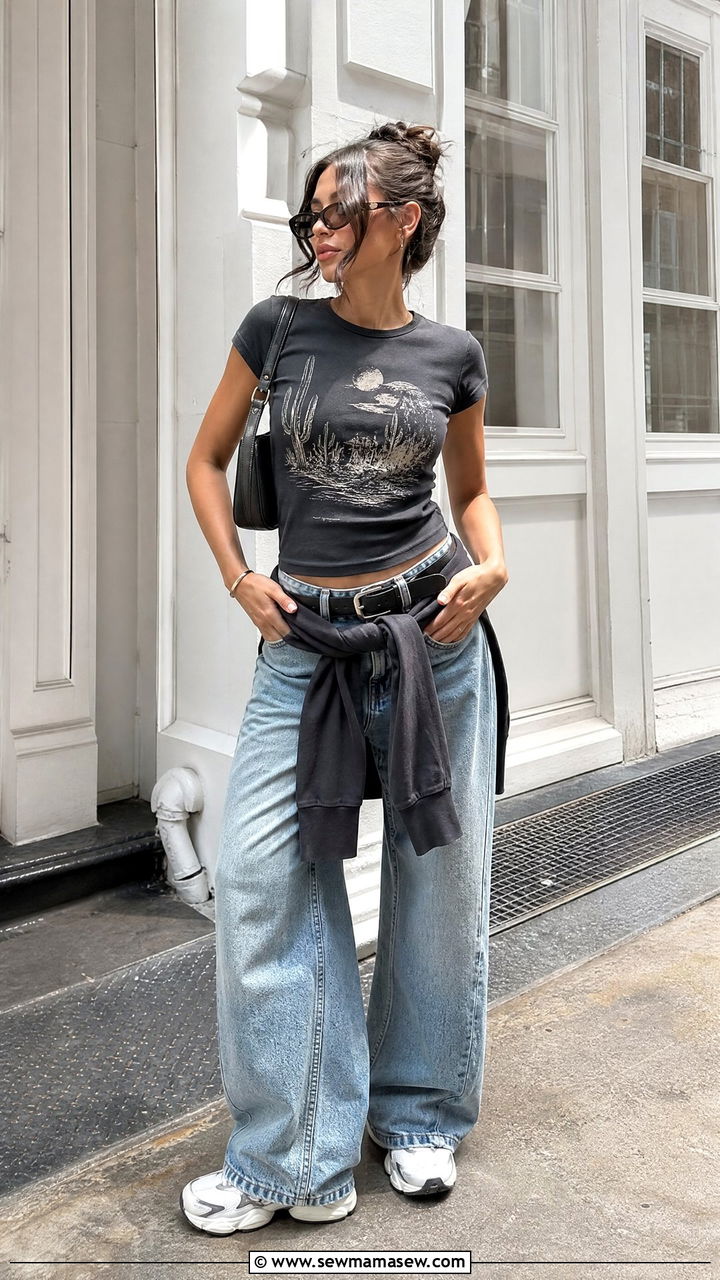 Fitted Graphic Tee With Baggy Jeans - 20 fitted top outfit ideas