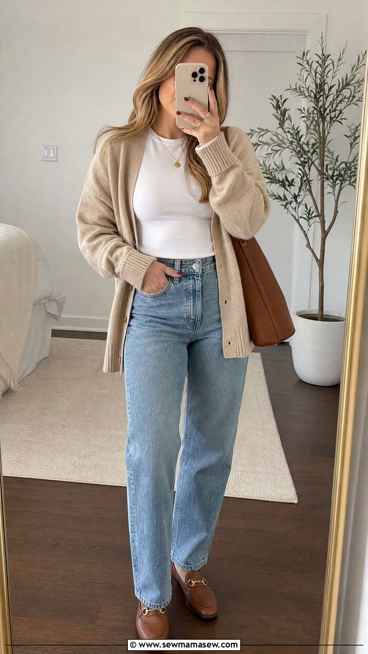 Fitted T Shirt With Cardigan And Jeans - 20 fitted t shirt outfit ideas