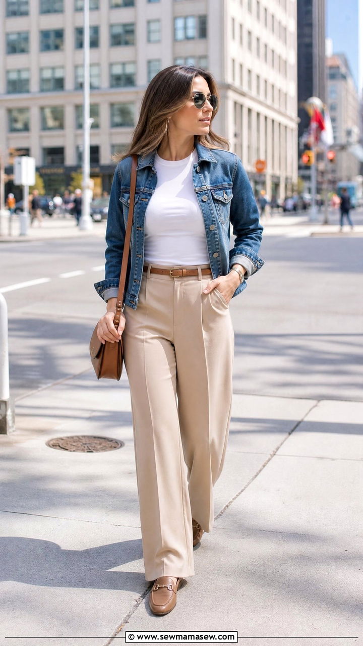 Fitted T Shirt With Denim Jacket And Trousers - 20 fitted t shirt outfit ideas