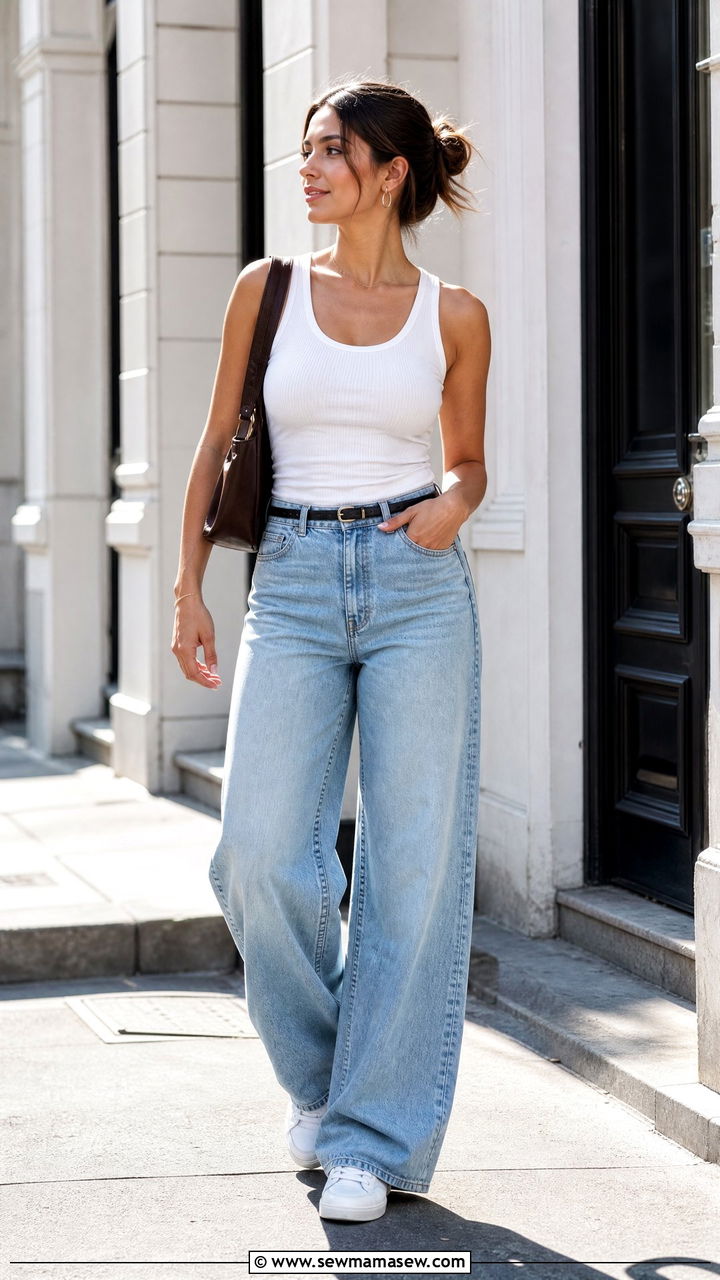 Fitted Tank Top With Wide Leg Jeans - 20 fitted top outfit ideas