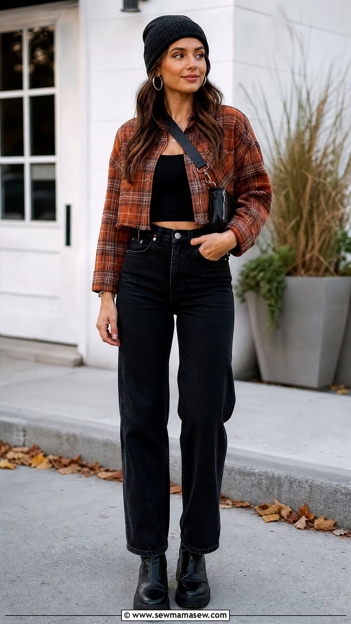 Flannel Crop Top With Black Jeans - 20 cozy crop top outfits fall