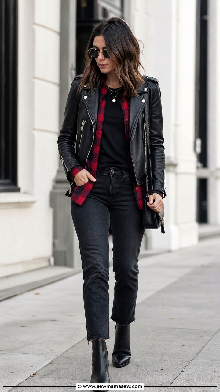 Flannel Shirt With A Leather Jacket - 20 flannel shirt outfit ideas