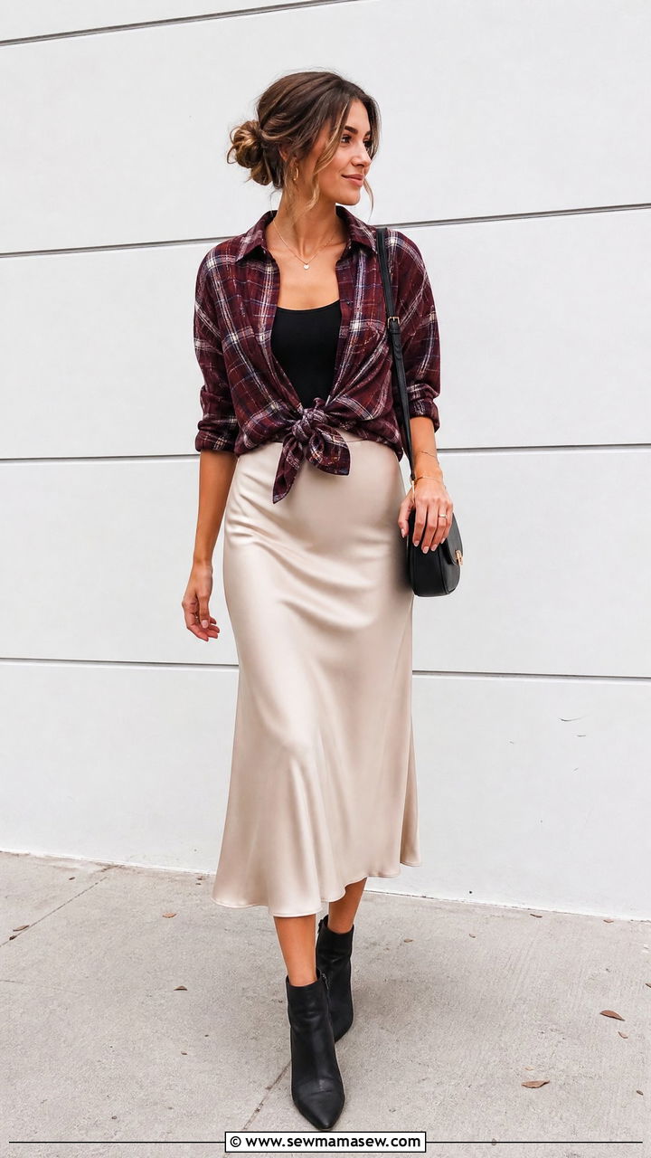 Flannel Shirt With A Slip Skirt - 20 flannel shirt outfit ideas