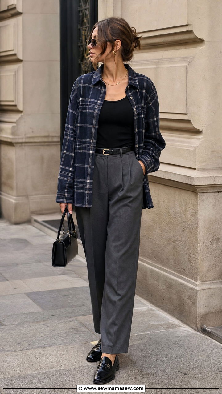 Flannel Shirt With Tailored Trousers - 20 flannel shirt outfit ideas