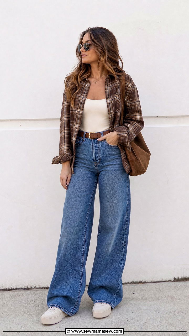 Flannel Shirt With Wide Leg Jeans - 20 flannel shirt outfit ideas