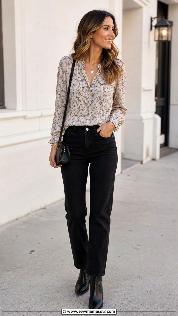 Floral Blouse Outfit With Black Jeans - 20 blouse outfit ideas