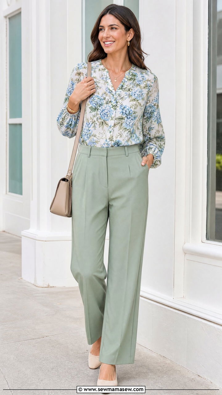 Floral Blouse With Matching Color Pants - 20 floral blouse outfit ideas