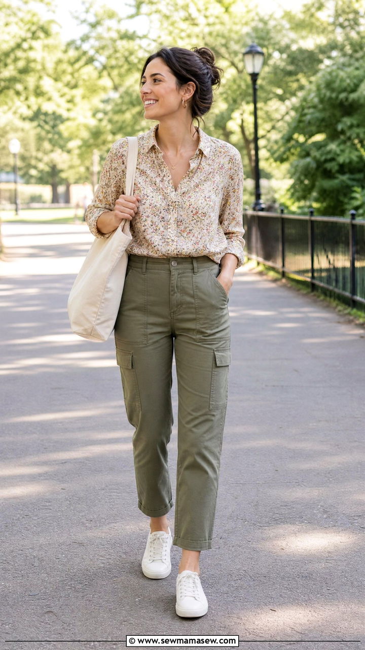 Floral Blouse With Utility Pants - 20 floral blouse outfit ideas