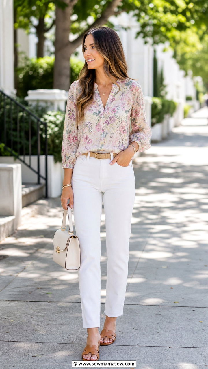 Floral Blouse With White Jeans - 20 floral blouse outfit ideas
