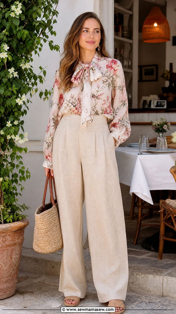 Floral Bow Blouse With Linen Pants - 20 bow blouse outfit ideas