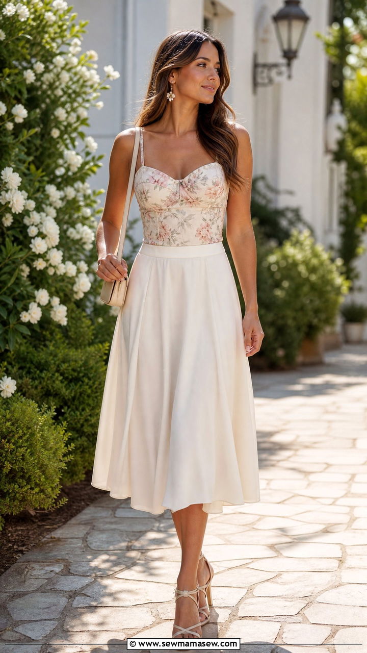 Floral Bustier Top With A Midi Skirt - 20 bustier top outfit ideas