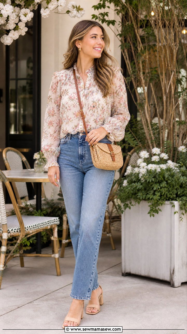 Floral Chiffon Blouse With Straight Leg Jeans - 20 chiffon blouse outfit ideas