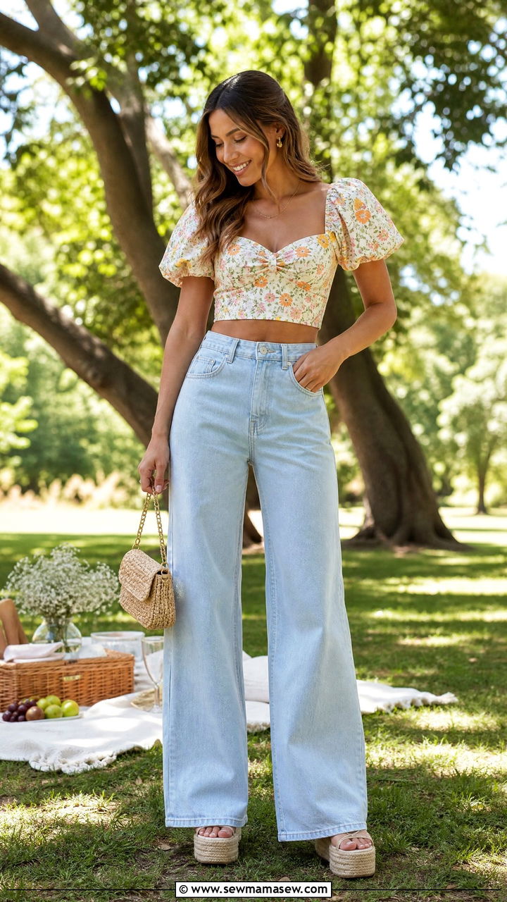 Floral Crop Top And Wide Leg Jeans Picnic Outfit - 20 summer crop top outfit ideas for a picnic