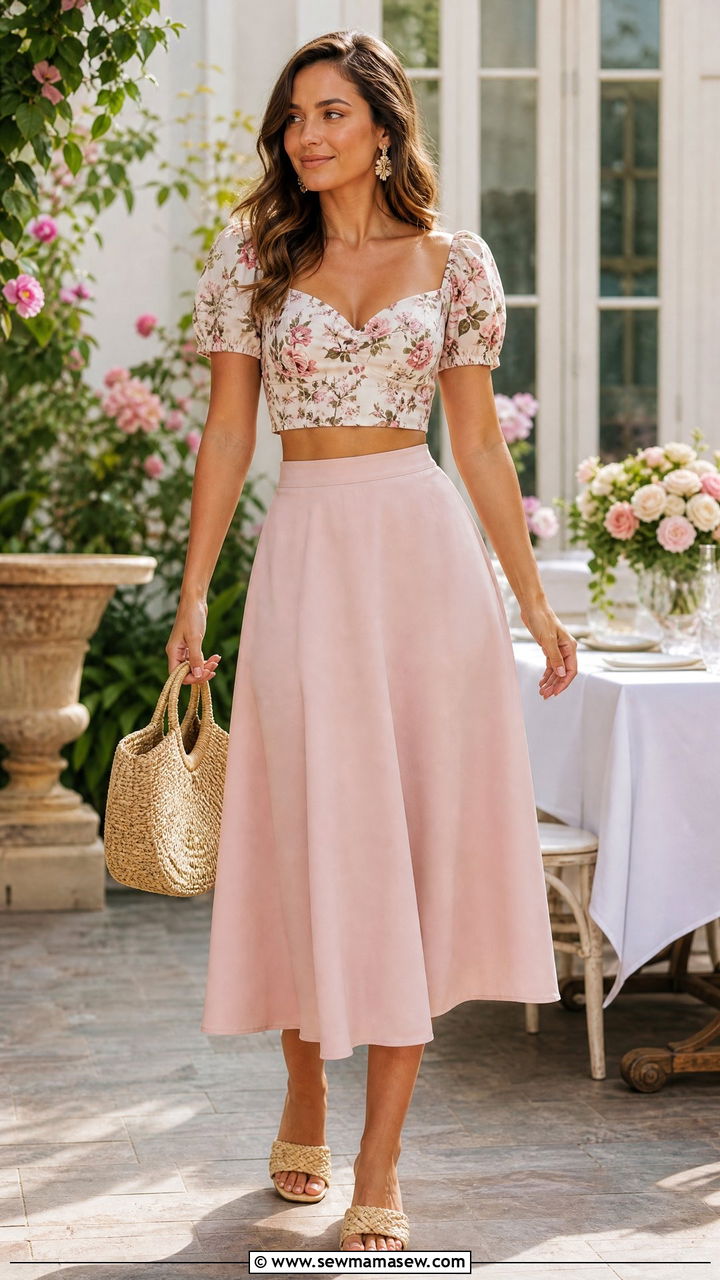 Floral Crop Top With A Line Midi Skirt - 20 crop top with a-line skirt outfit ideas