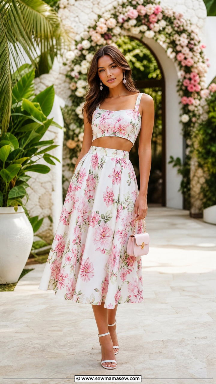 Floral Crop Top With Matching Skirt - 20 floral crop top summer outfit ideas