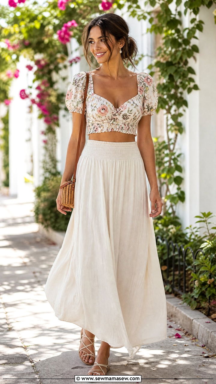 Floral Crop Top With Maxi Skirt - 20 summer crop top outfits