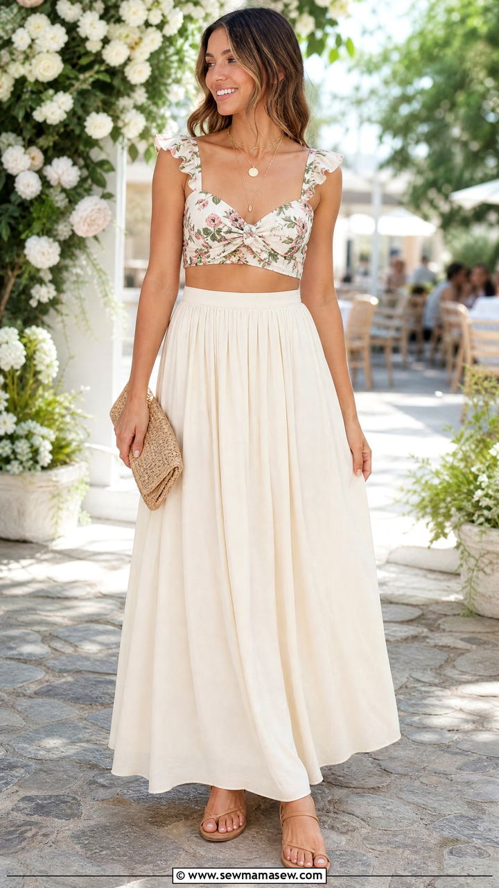 Floral Crop Top With Maxi Skirt - 20 floral crop top summer outfit ideas