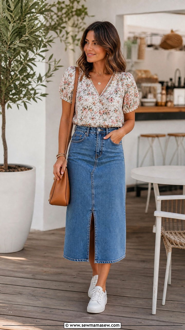 Floral Knot Front Top With Denim Skirt - 20 knot front top outfit ideas