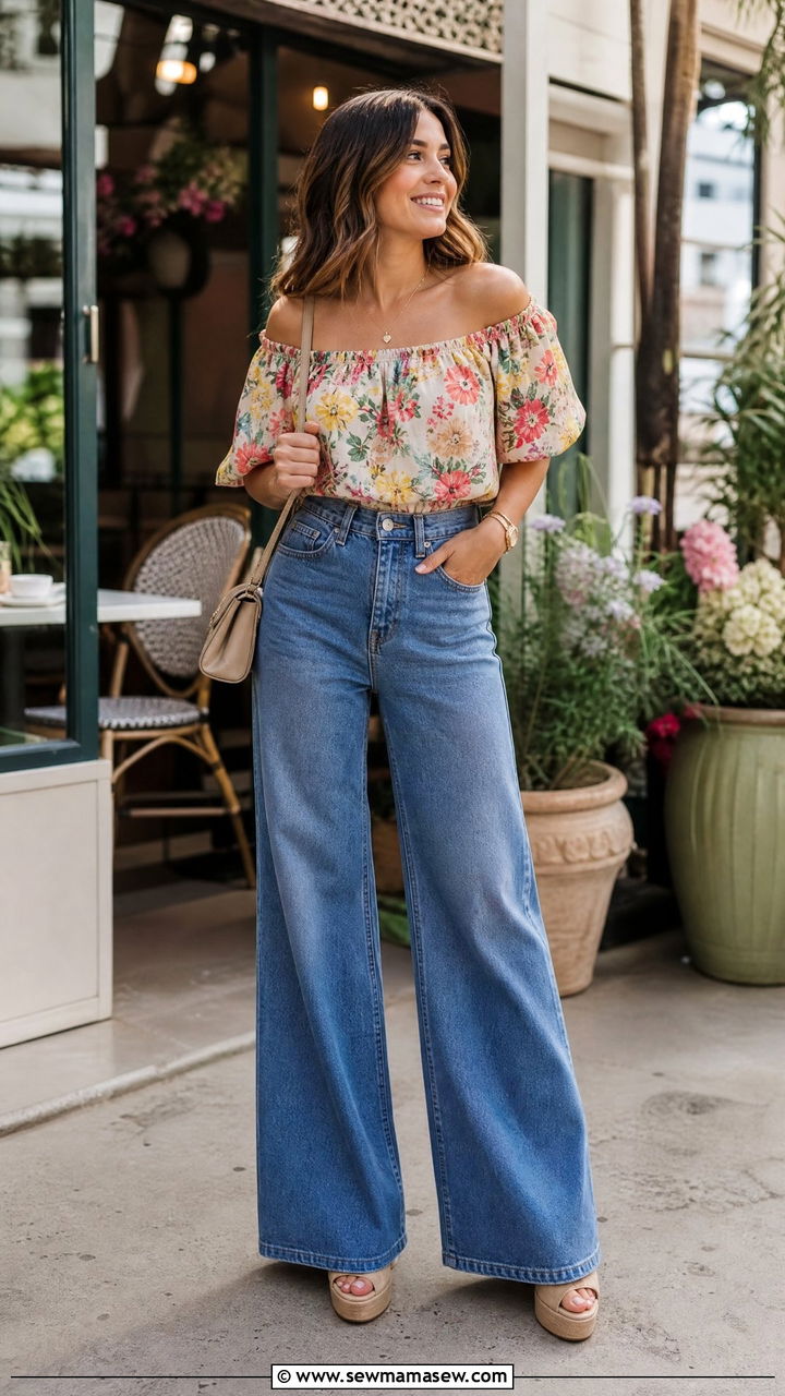 Floral Off Shoulder Top With Wide Leg Jeans - 20 summer off shoulder top outfit ideas