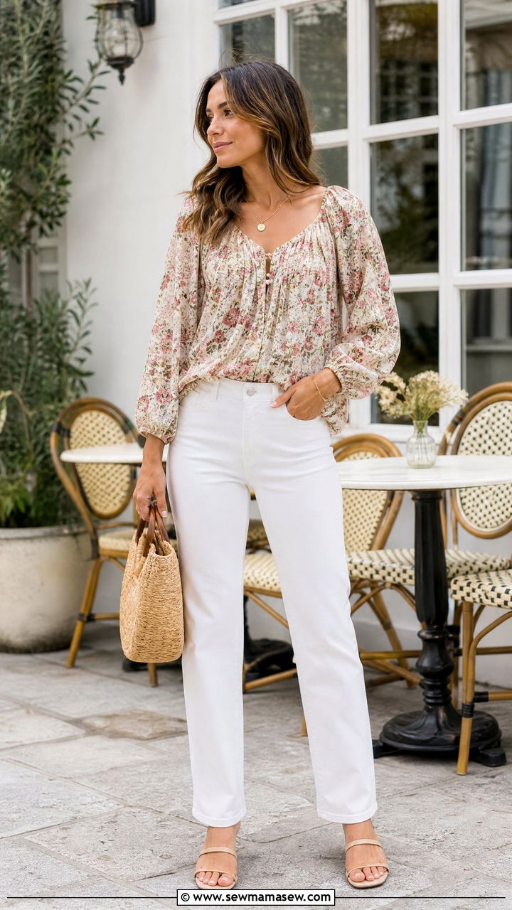 Floral Peasant Blouse With White Jeans - 20 peasant blouse outfit ideas